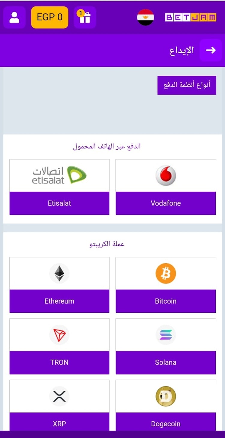 طرق الايداع في برنامج betjam