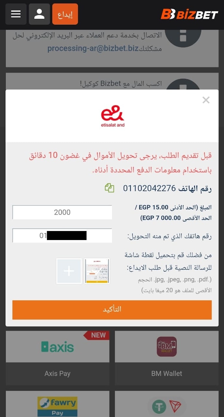 الايداع في bizbet مصر
