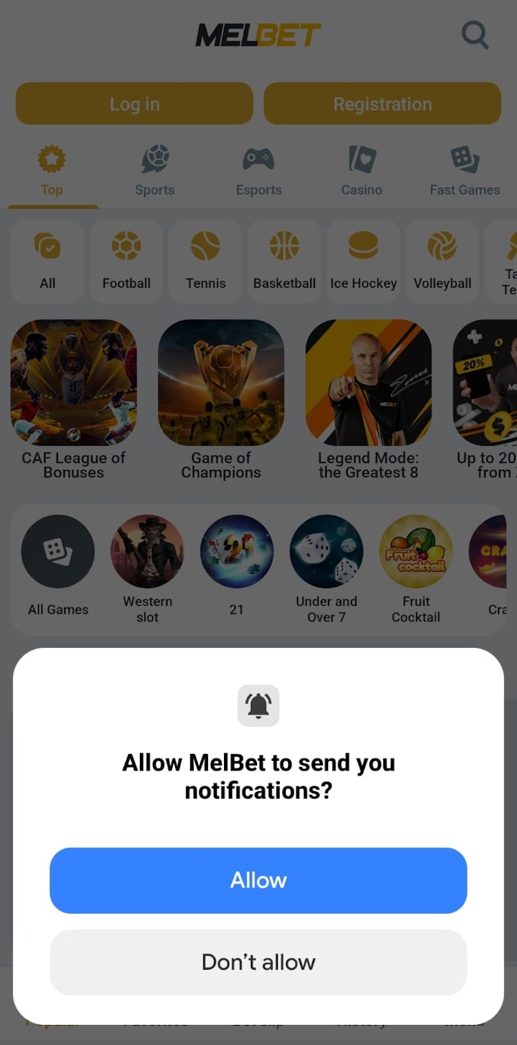 إشعارات تطبيق Melbet اندرويد