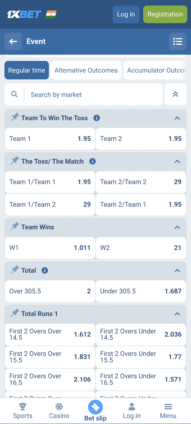 1xBet cricket markets
