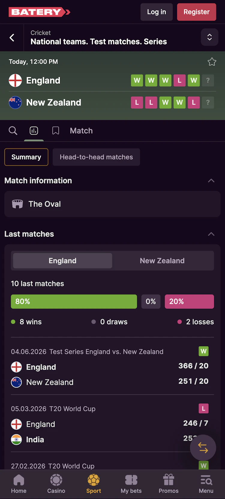 Batery cricket betting