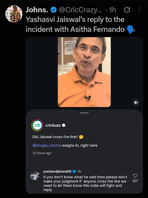 Yashasvi Jaiswal Hits Back at Harsha Bhogle After Asitha Fernando Clash