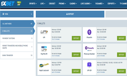 1xbet deposit methods