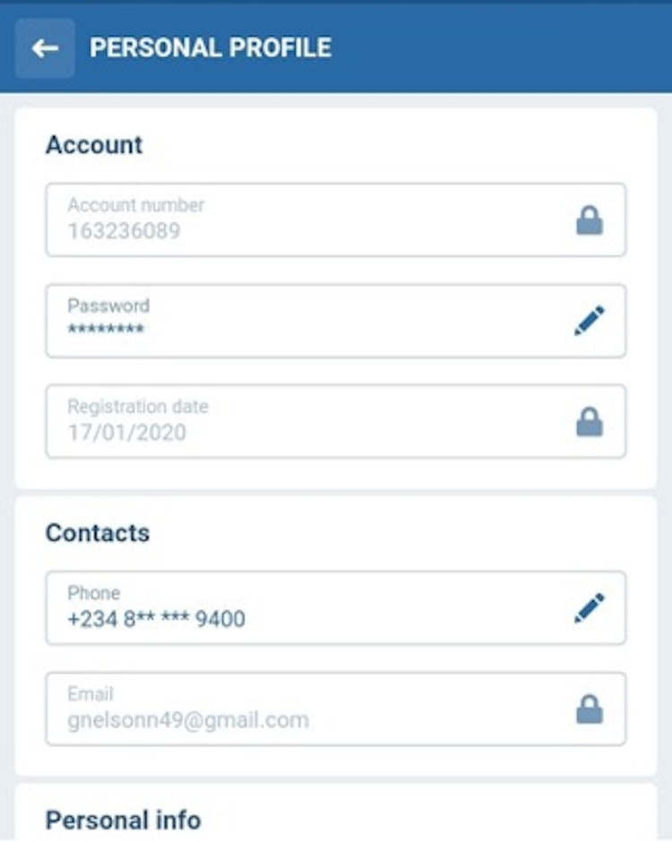 1xBet Profile Form