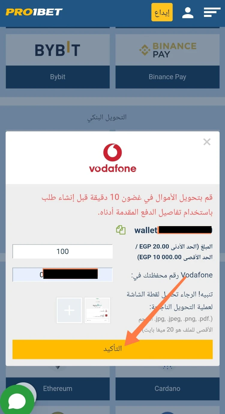 إيداع pro1bet فودافون كاش
