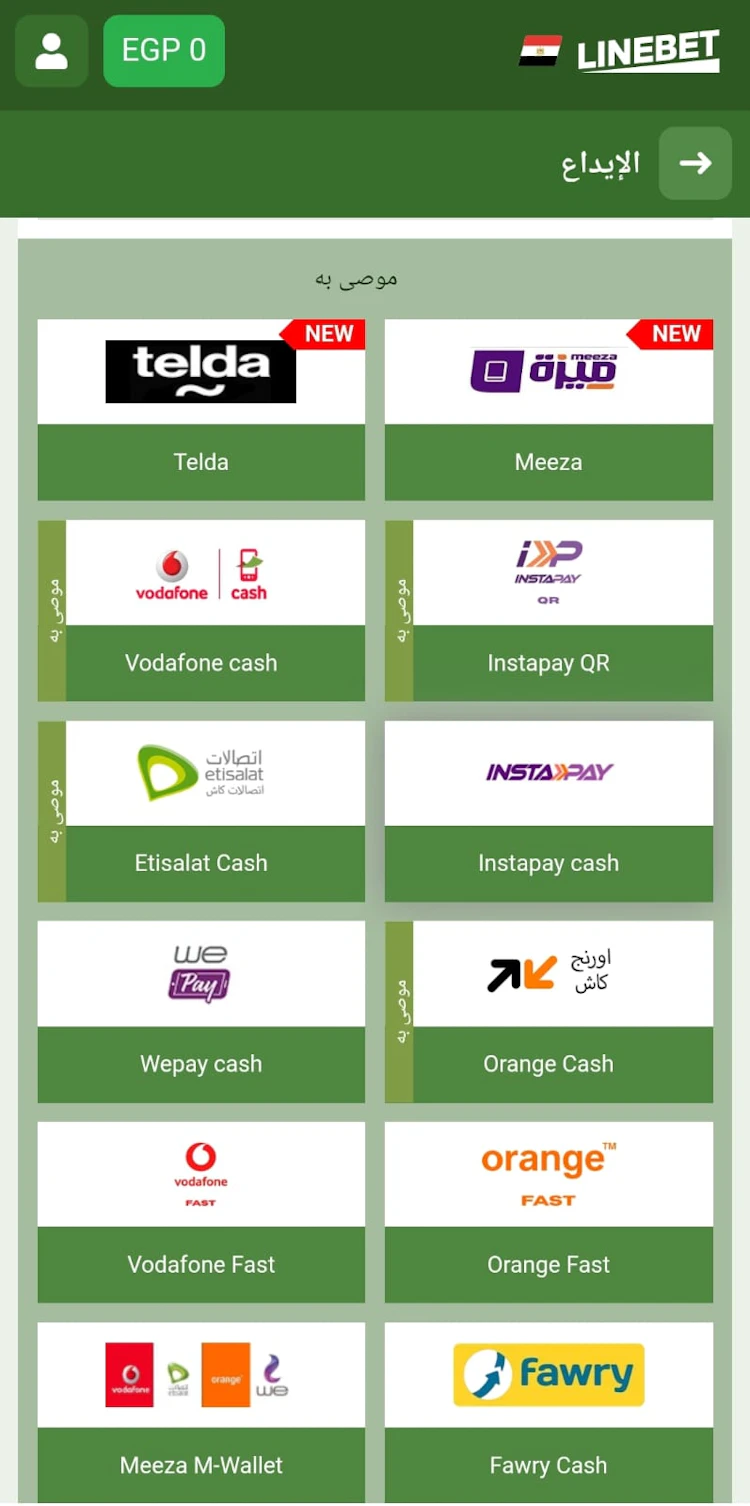 خيارات الدفع في Linebet مصر