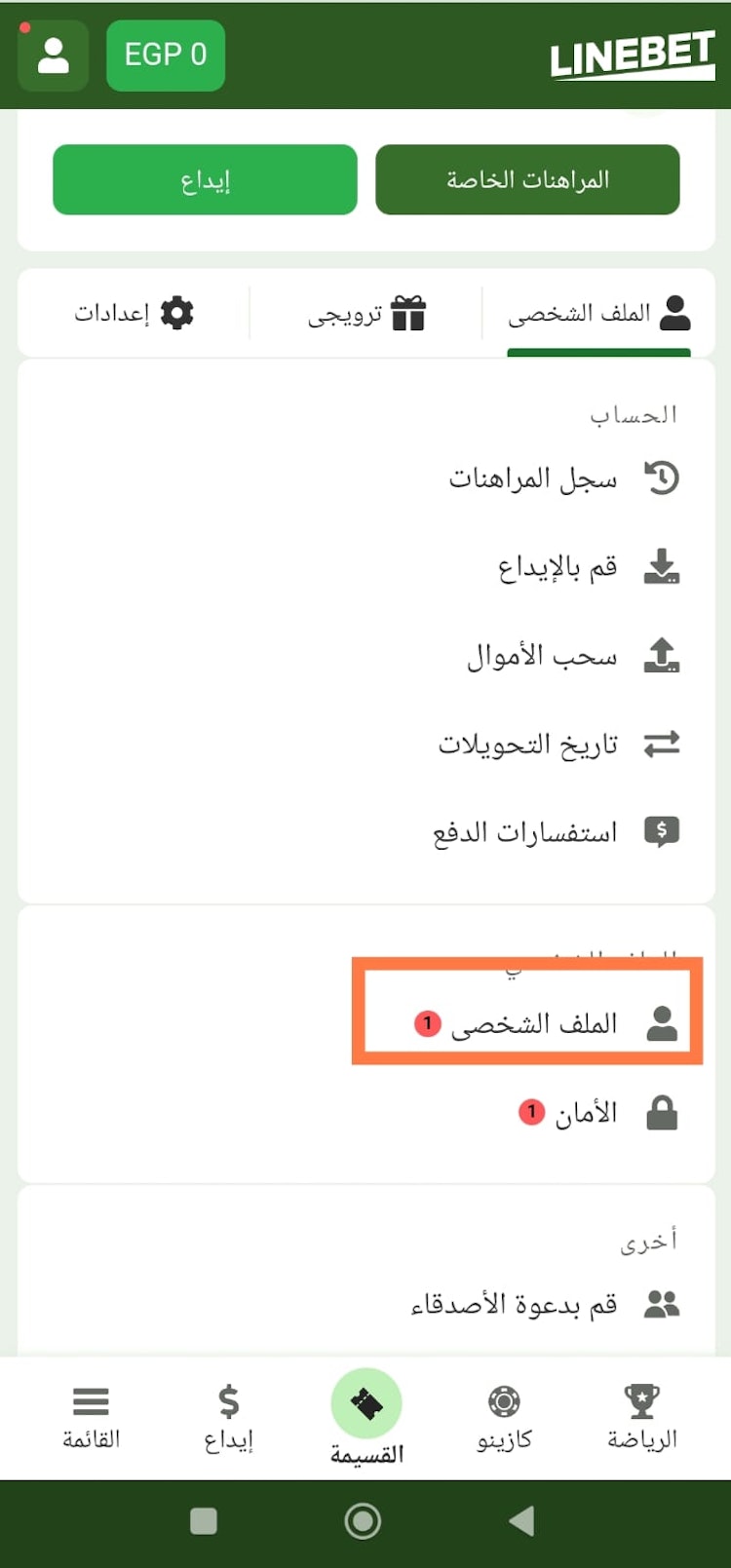 الملف الشخصي linebet