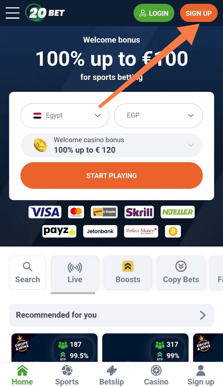 تسجيل حساب جديد في 20bet مصر