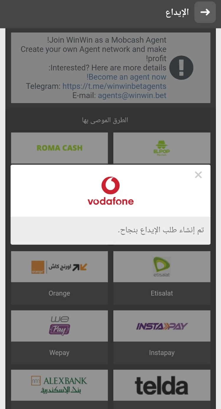 ايداع ناجح winwin فودافون كاش