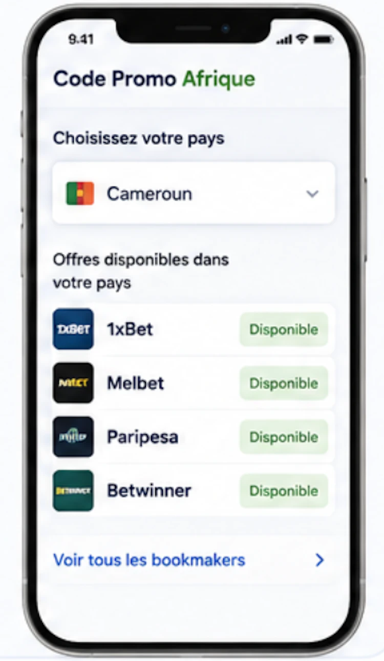 Écran de sélection du pays affichant les bookmakers et codes promo disponibles