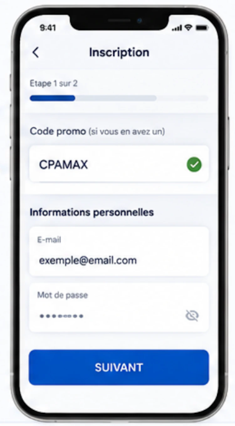 Formulaire d’inscription avec champ dédié au code promo