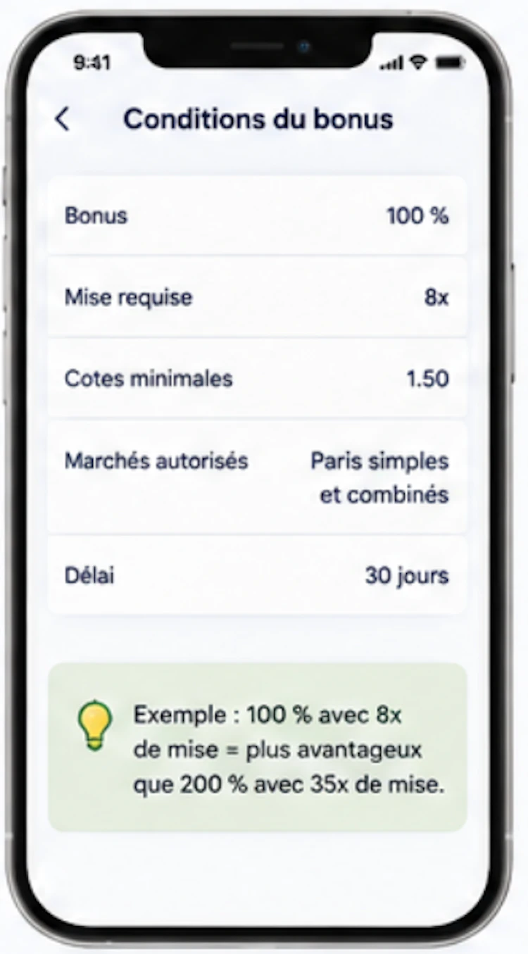 Écran présentant les conditions de mise et les exigences du bonus
