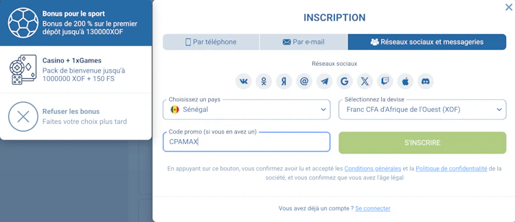 inscription sur 1xbet