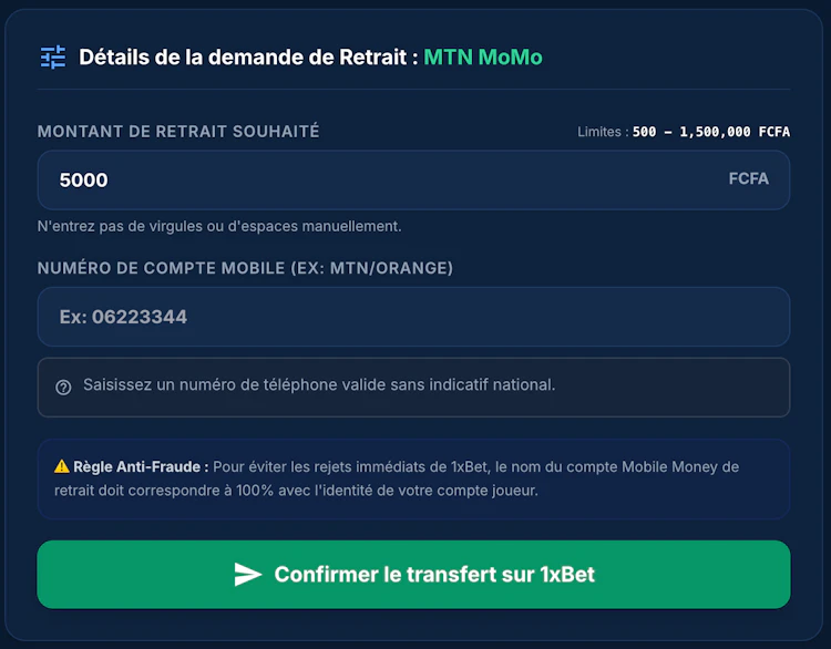 comment faire un retrait sur 1xbet