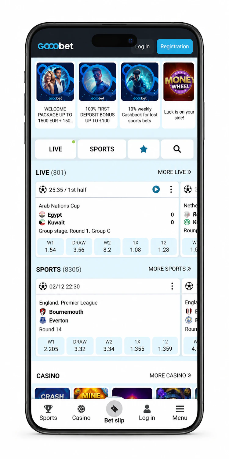 Page d'accueil mobile de Gooobet avec le bouton d'inscription