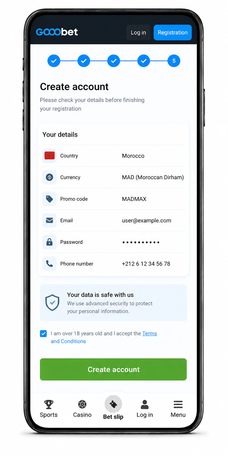 Écran Gooobet de vérification des informations avant de finaliser l'inscription