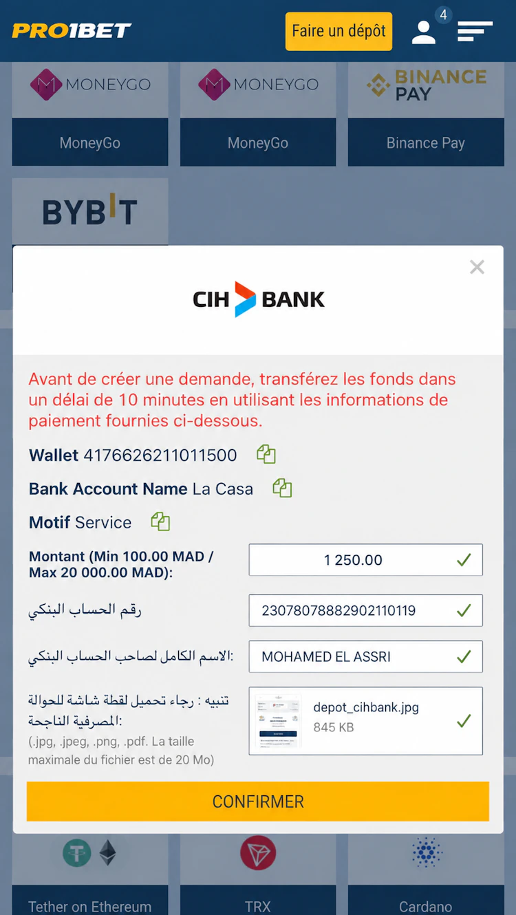 depot sur pro1bet au maroc
