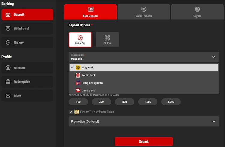 12Play Malaysia deposit page showing Fast Deposit with Quick Pay, bank selection and Free RM 12 Welcome Token checkbox