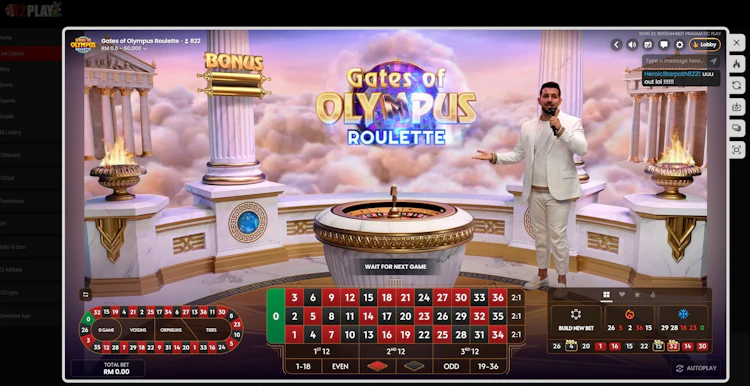 12Play Malaysia live casino showing Gates of Olympus Roulette from Pragmatic Play with RM 0.50 to RM 50,000 table limits