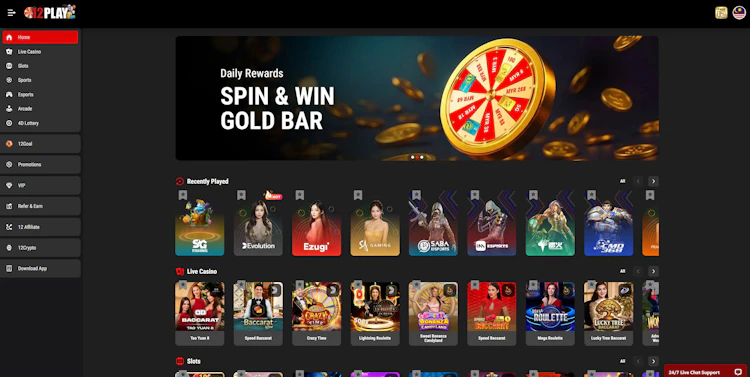 12Play Malaysia homepage showing sidebar navigation, Recently Played row and Live Casino game selection
