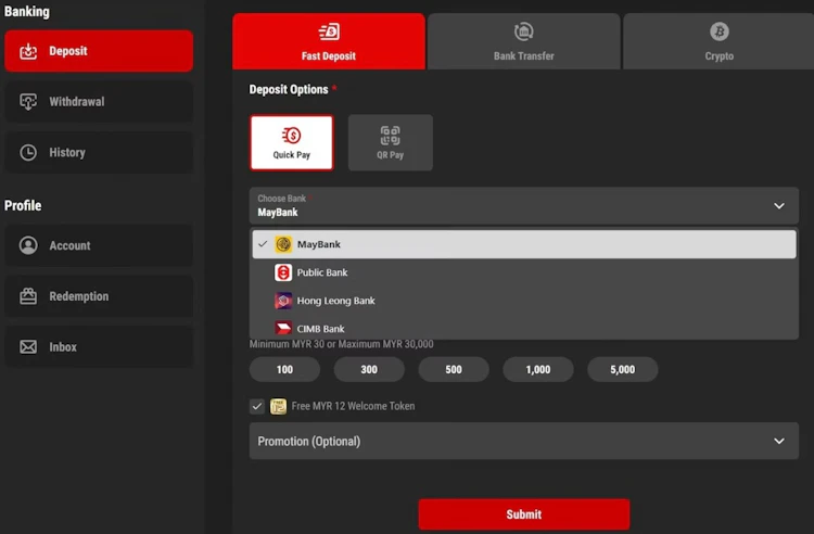 12Play deposit page showing Quick Pay and QR Pay options with a bank dropdown listing Maybank, Public Bank, Hong Leong Bank and CIMB Bank