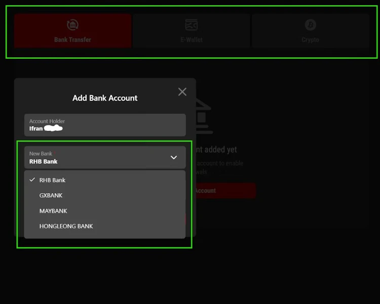 12Play withdrawal page showing the Add Bank Account form with a locked account holder name and a dropdown listing RHB, GXBank, Maybank and Hong Leong Bank