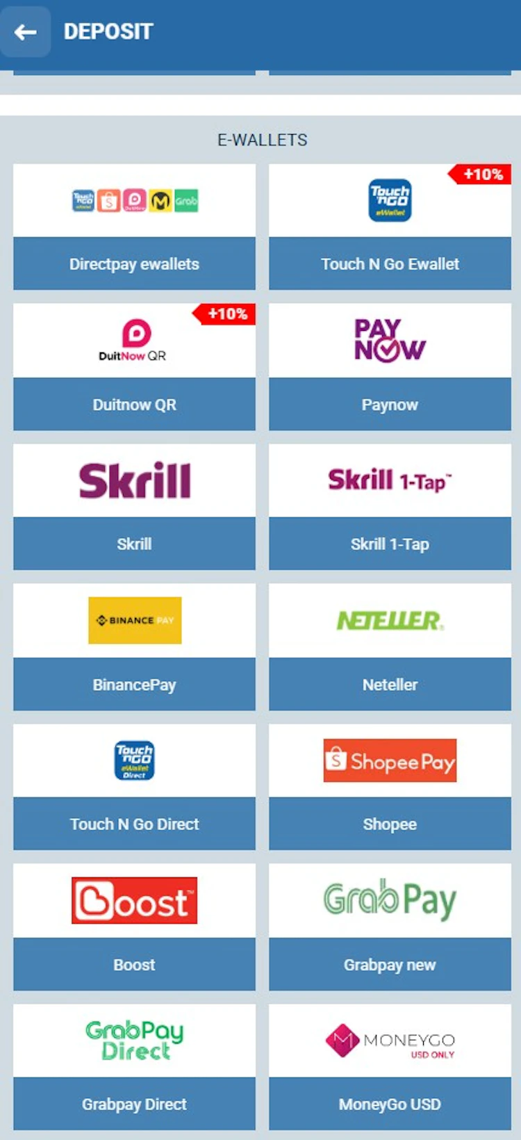 E-wallet deposit options in the app include Touch 'n Go, Boost, GrabPay and ShopeePay