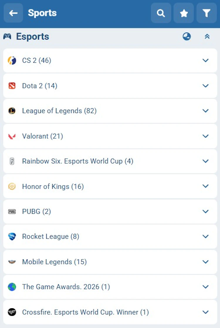App esports menu with CS2, League of Legends, Valorant and Mobile Legends