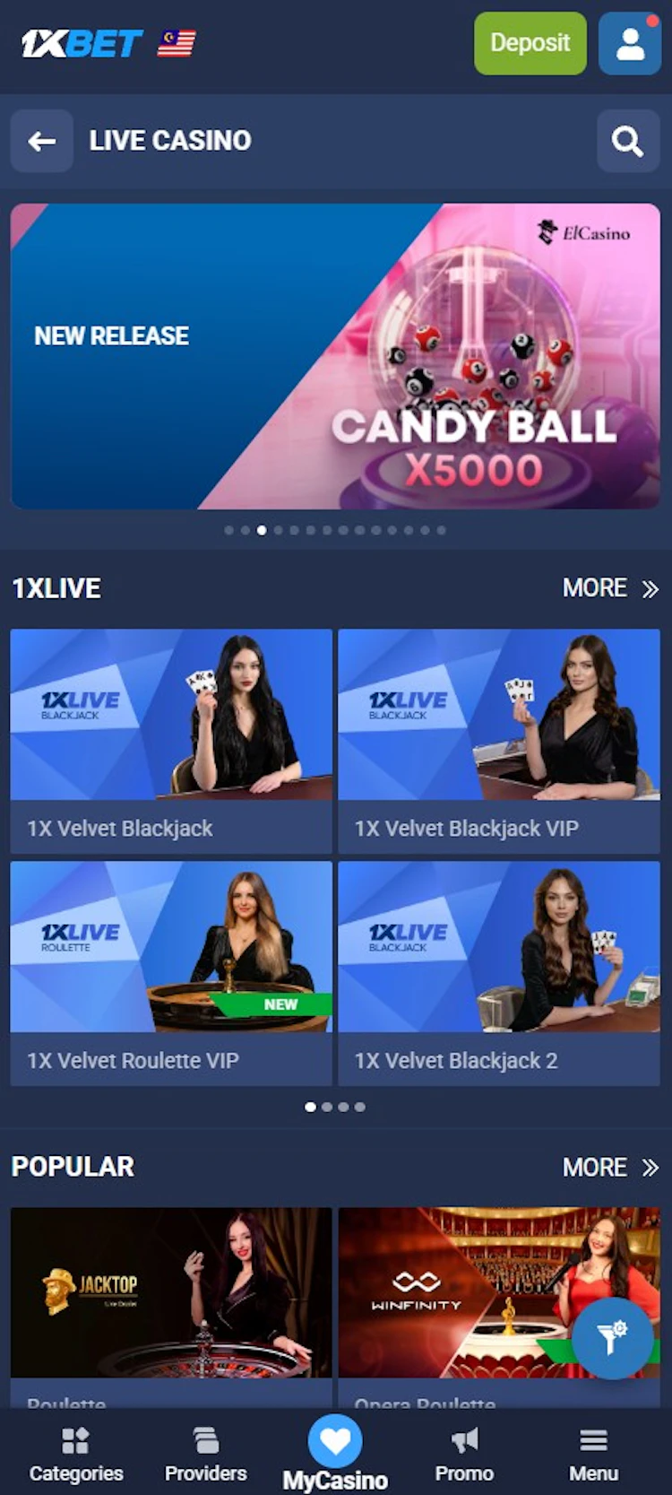 Mobile app live casino lobby with 1XLIVE branded tables