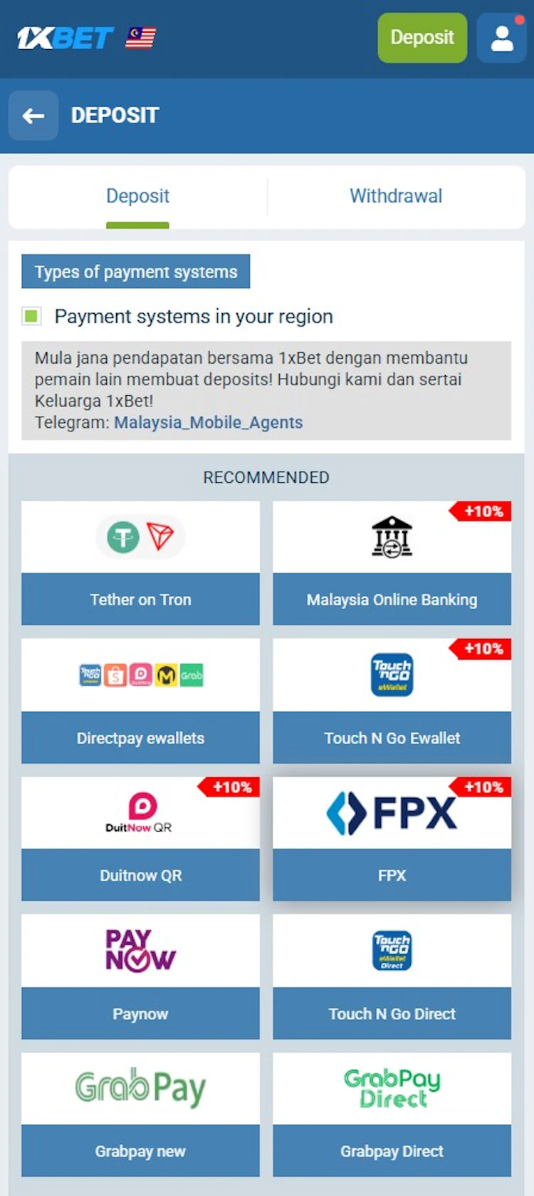 Deposit page in the app showing recommended payment methods for Malaysia