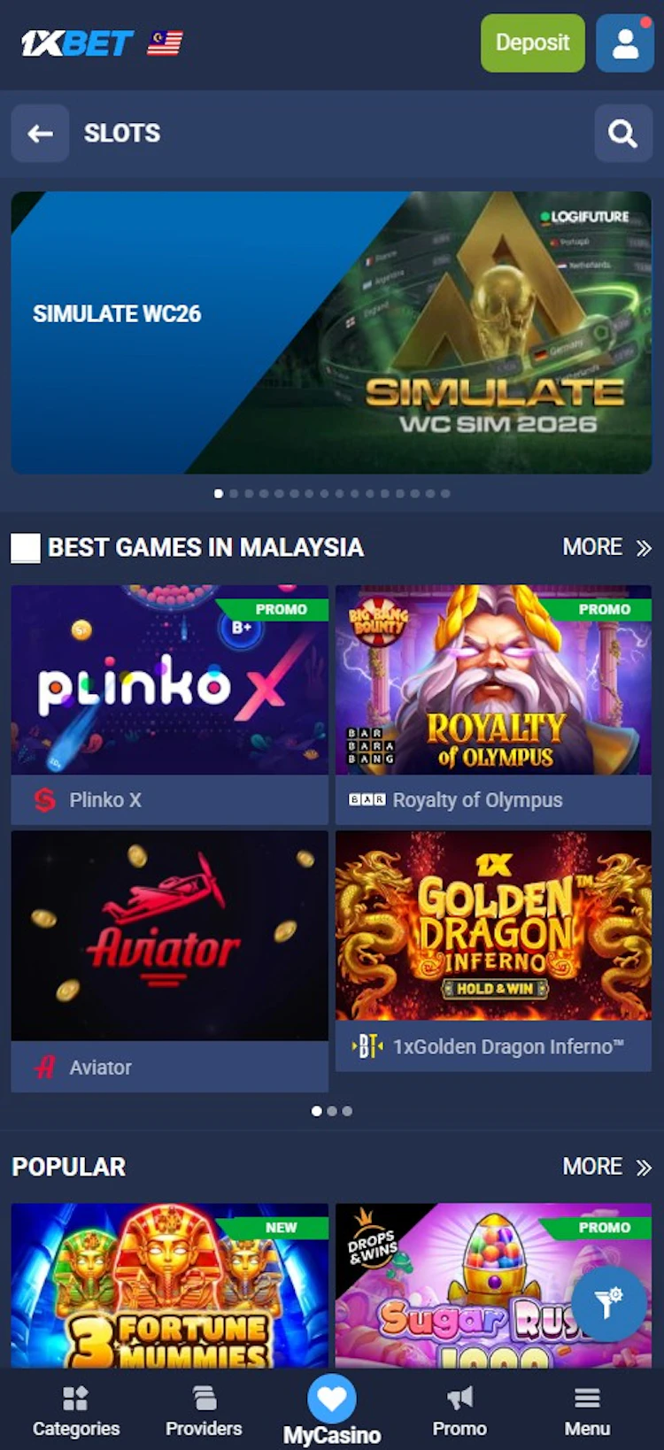 Slots lobby showing the Best Games in Malaysia tab filtered