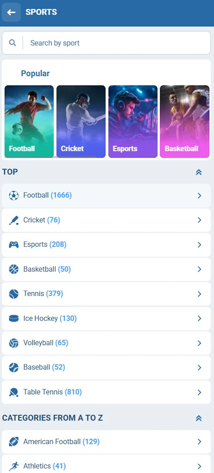Mobile app sports menu showing event counts across football, cricket, esports and tennis