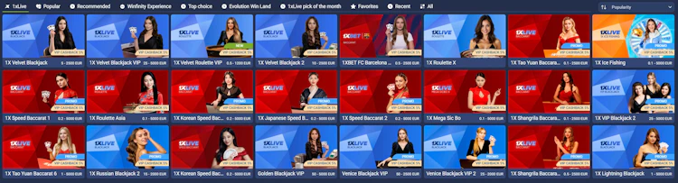 1xBet Malaysia 1xLive lobby showing in-house baccarat, blackjack and roulette tables with stake limits