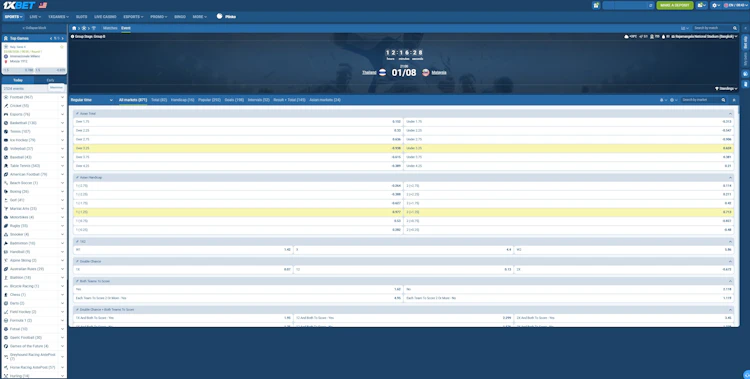 1xBet Malaysia betting page showing 871 markets on Thailand vs Malaysia with Malaysian odds format displayed