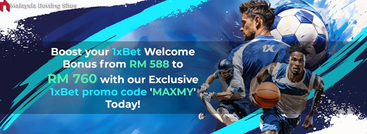 Banner showcasing the 1xBet sports deposit offer boosted from RM 588 to RM 760 with the MAXMY promo code for Touch 'n Go users