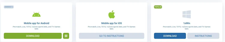 1xBet download page showing mobile apps for Android and iOS plus the 1xWin Windows client