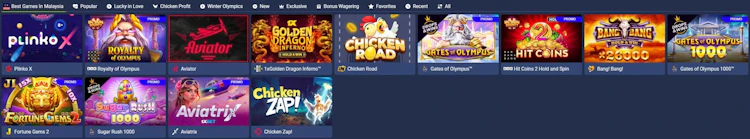 1xBet Malaysia casino lobby on the Best Games In Malaysia tab showing Aviator, Plinko X and Gates of Olympus