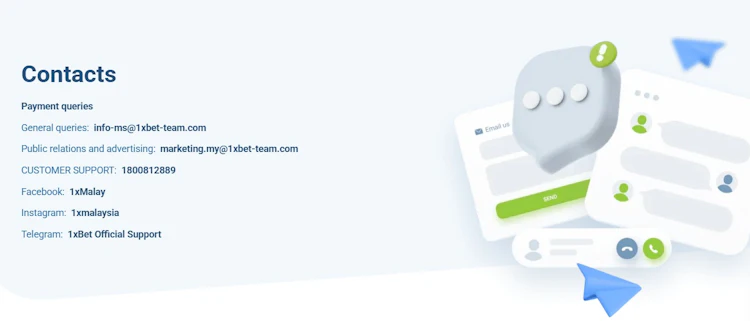 1xBet Malaysia contacts page listing support phone number, email addresses and social channels
