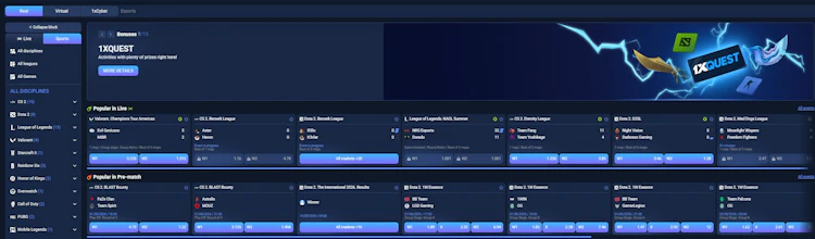 1xBet Malaysia esports section showing live and pre-match odds for CS2, Dota 2, Valorant and League of Legends