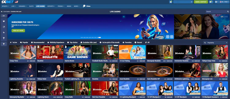 1xBet Malaysia Evolution Win Land tab showing Crazy Time, Monopoly Live, Lightning Roulette and Crazy Balls