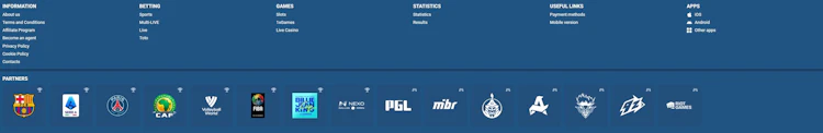 1xBet site footer showing information links and partner logos with no licensing details displayed