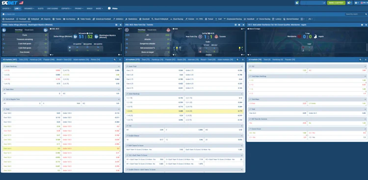 1xBet Multi-LIVE showing three simultaneous matches with live stats and market lists side by side