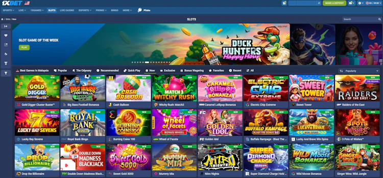 1xBet Malaysia slots lobby on the New tab showing recent releases with NEW and PRE-RELEASE labels