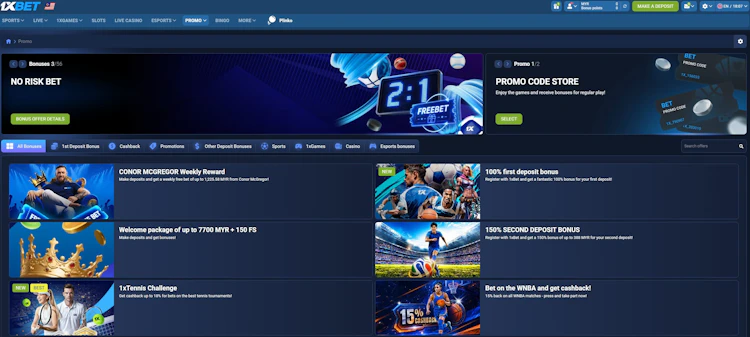 1xBet Malaysia promo page showing 56 bonuses with category tabs for cashback, sports, casino and esports