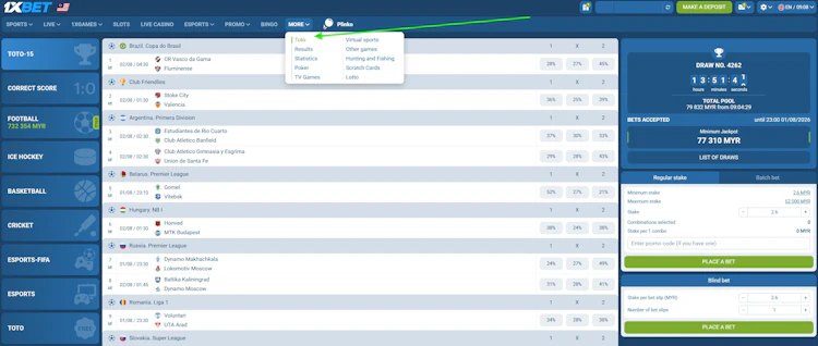 1xBet Toto section showing a football pool with a 732,354 MYR prize