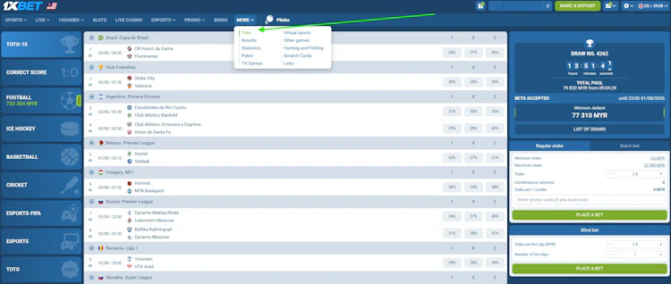 1xBet Toto pool betting page showing TOTO-15 jackpot in RM with prediction percentages per match