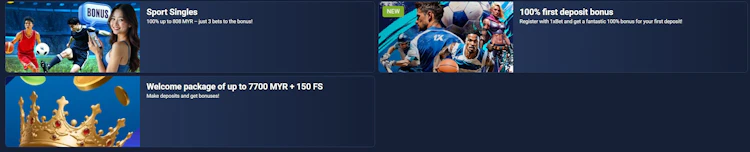 1xBet Malaysia welcome bonus options showing Sport Singles, 100% first deposit bonus and the 7700 MYR welcome package