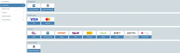 1xBet Malaysia withdrawal page showing 61 payout methods including Touch 'n Go, Skrill and cryptocurrency