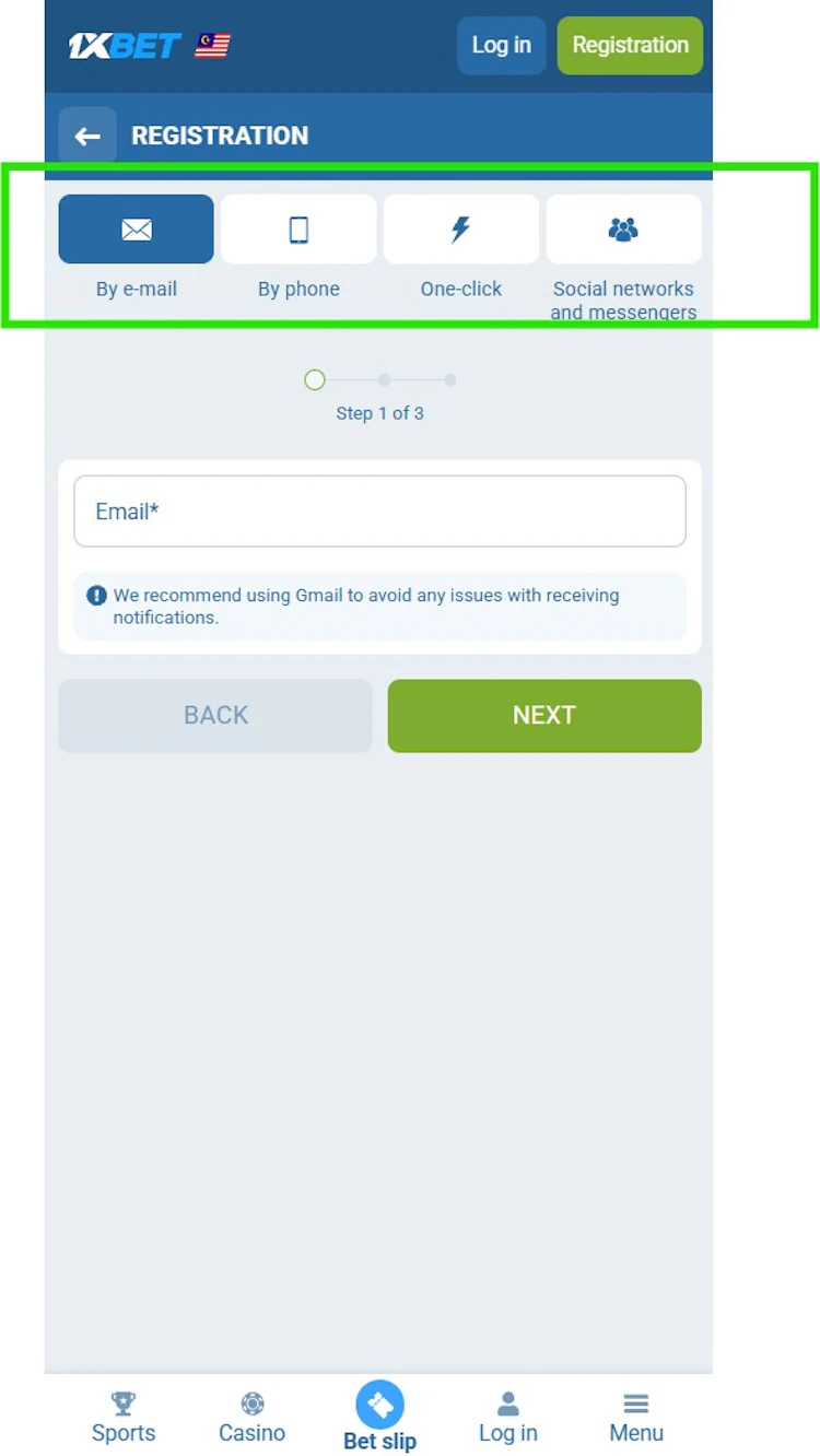 Mobile registration showing four methods: by e-mail, by phone, one-click, and social networks