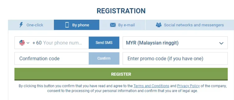 1xBet phone registration form with Malaysian phone code and RM currency selected